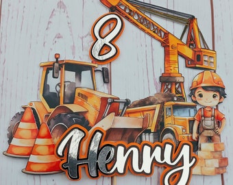 Construction cake topper, builder cake topper, digger, crane, dumper truck, Personalised digger cake topper, building cake topper,