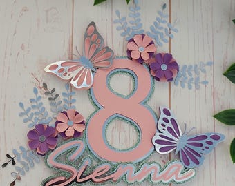 Butterflies cake topper, flower cake topper,  3d cake topper, happy birthday, birthday cake topper, butterfly, butterflies and flowers,