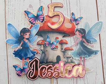Fairy cake topper, fairies, butterfly & fairy, butterflies, cake topper, happy birthday, birthday cake topper, birthday party, personalised