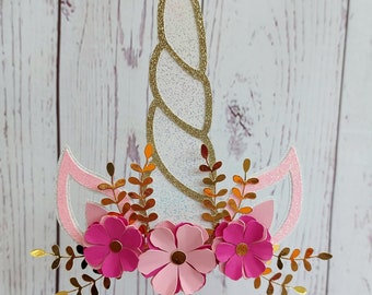 Unicorn cake topper, unicorn horn, unicorn horn & ears, floral unicorn, unicorn horn cake topper, sparkly unicorn
