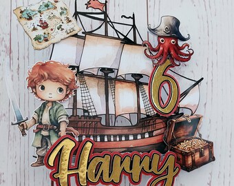 Boy Pirate cake topper, Pirate, Pirate party theme, Pirate ship, Personalised pirate cake topper, happy birthday, birthday cake topper,