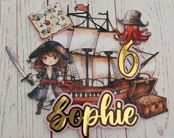 Girl Pirate cake topper, Pirate cake, Pirate party theme, Pirate ship, Personalised pirate cake topper, birthday cake topper,