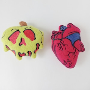 Halloween cat toys, poison apple plush toy, human heart plush toy, spooky cat toys, fun cat toys, creepy cat toys, organ cat toy, cat nip
