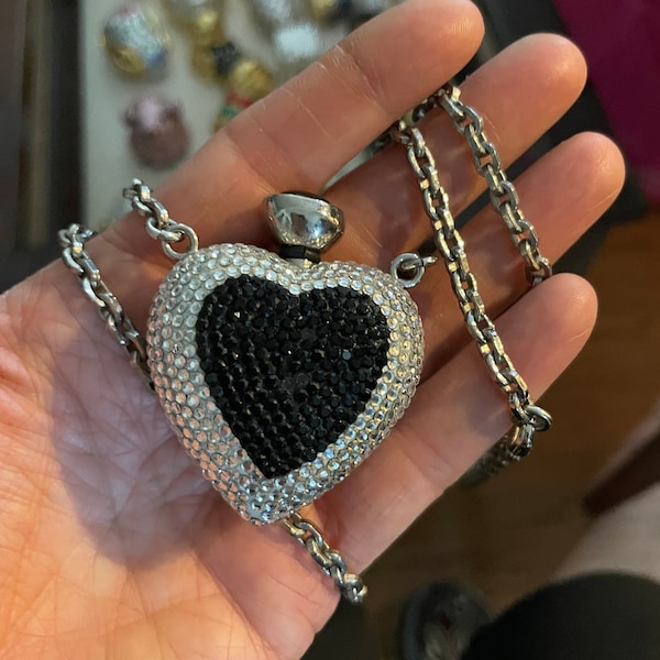 Judith Leiber Black and Silver Swarovski Crystal Heart Perfume Pendant Necklace