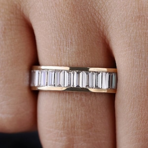Baguette Eternity Band, 4x2 MM Baguette Cut Colorless Moissanite Wedding Band, Channel Set Baguette Band, Women and Men&#39;s Ring Yellow Gold