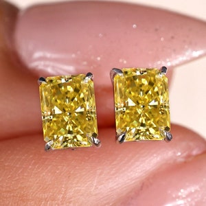 Canary Yellow Radiant Cut Moissanite Earrings - Solitaire Stud Earrings for Women in Screw Back and Push Back Lock