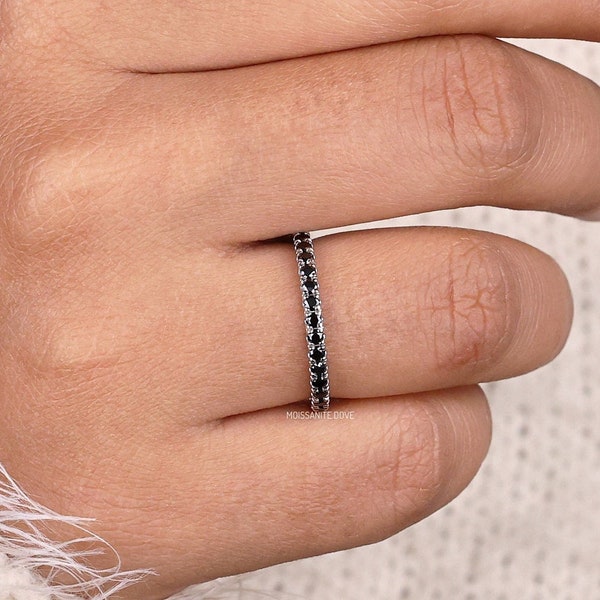Black Moissanite Band, 1.70 MM Round Moissanite Wedding Band, Matching Band For Any Ring, Stackable Half Eternity Band, Anniversary Gifts