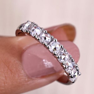 Antique Rose Cut Diamond Band, 0.70tcw Lab Grown Diamond Gold Band, Seven Stone Diamond Ring, 3mm Round Rose Cut Band 10k 14k 18k Solid Gold