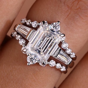 Three Stone Emerald cut Engagement Rings Enhancer Wraps - Tapered Baguette Ring Moissanite Bridal Set Gifts for Her