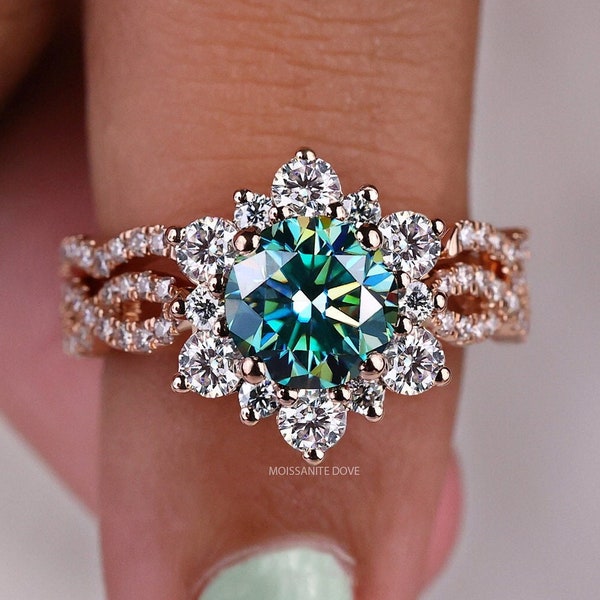 Teal Moissanite Engagement Ring Set, 2.27 TCW Round Brilliant Cut Moissanite Bridal Set, Vintage Halo Ring, Twisted Curved Matching Band