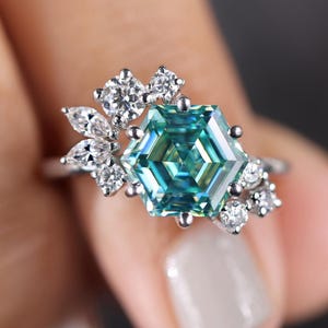 2.80 CT Hexagon Cut Moissanite Engagement Ring, Cyan Blue Moissanite Ring, Muse Ring, Marquise Ring, Art Deco Ring For Women, Gift For Her