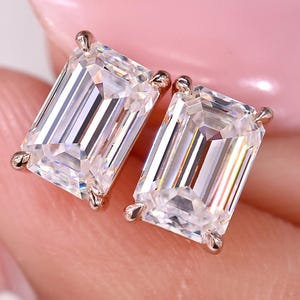 Emerald Cut Moissanite Stud Earrings: Four-Prong Solitaire Earring