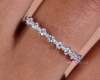 Moissanite Band, 1.90 and 1.00 MM Round Cut Moissanite Wavelet Band, Wedding Band, Half Eternity Matching Band, Stackable Zig Zag Band, Gift