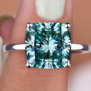 5 CT Cushion Cut Cyan Moissanite Ring: Handmade Solitaire Engagement