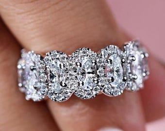 Unique 2.50 TCW Oval Cut Moissanite Half Eternity Band, Halo Vintage Wedding Band, Stackable Band, Customized Band, Anniversary Gift For Her