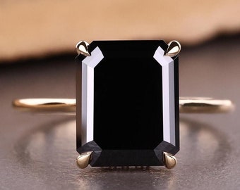 4.95 CT Emerald Cut Black Moissanite Engagement Ring, Hidden Halo Moissanite Ring, Handmade Ring, Anniversary Ring for Women, Claw Prongs