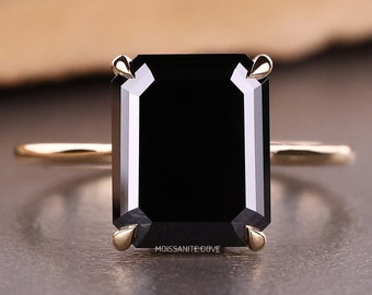 4.95 CT Emerald Cut Black Moissanite Engagement Ring, Hidden Halo Moissanite Ring, Handmade Ring, Anniversary Ring for Women, Claw Prongs