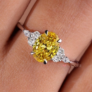 1.10 CT Oval Cut Yellow Diamond Ring, Muse Engagement Ring, IGI Certified Lab Grown Diamond Ring for Her, Marquise Round Side Stone Ring