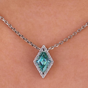 1 CT Lozenge Cut Cyan Blue Moissanite Pendant, Round Cut Halo Moissanite Wedding Pendant, Step Cut Moissanite Anniversary Pendant, V Prongs