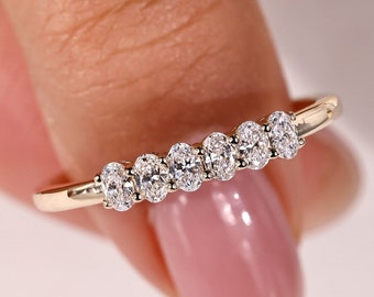 Lab Grown Diamond Wedding Band: 14k Gold Six Stone Oval Anniversary Ring