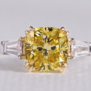 Canary Yellow Moissanite Ring: 3 TCW Cushion Cut, Tapered Baguettes