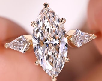 IGI Certified Lab Grown Marquise Diamond Engagement Ring: Kite Cut Side Stones