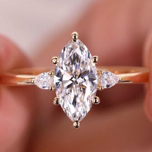 Marquise Cut Lab Grown Diamond Ring: Side Pear Diamond Three Stone Engagement Ring IGI Certified Gold Wedding Ring