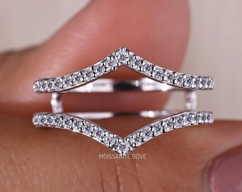 Enhance Your Engagement Ring with Chevron Wedding Bands - Complete Your Bridal Set with Round Moissanite V Shape Enhancer and Wrap Guard