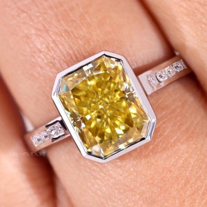 3.50 CT Canary Yellow Radiant Cut Moissanite Ring - Bezel Set Engagement Ring - Side Stone Round Moissanite - White Gold Handmade Jewelry