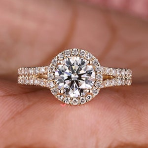 Round Cut Split Shank Halo Engagement Ring, 1ct Round Lab Grown Diamond Ring for Proposal, IGI Certificate, Gold Engagement Ring by Avideri