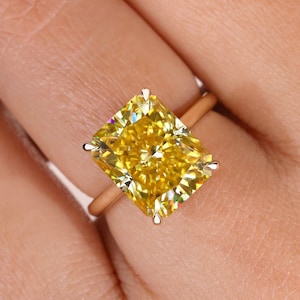 5ct Canary Yellow Radiant Cut Moissanite Engagement Ring, Hidden Halo Wedding Ring, Claw Prong, Anniversary Ring For Women, Handmade Jewelry