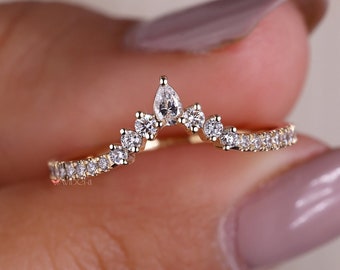 Dainty Diamond Wedding Band Lab Grown Diamond Curvy Band - 0.30tcw Round and Pear Diamond Band - Micro Pave Half Eternity Band