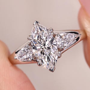 Marquise Lab Grown Diamond Ring: Three Stone Antique Style, Pear Side Stones, IGI Certified