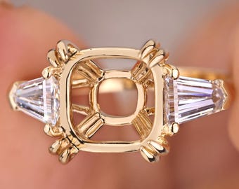 Semi Mount Three Stone Ring, Side Bullet Cut Lab Grown Diamonds, Double Claw Prong Setting, Asscher Semi Mount Ring, Gold Wedding Ring