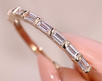 Half Eternity Baguette Cut Diamond Wedding Band, East To West Set Lab Grown Diamond Band, Bar Setting, Customized Anniversary Ring for Women