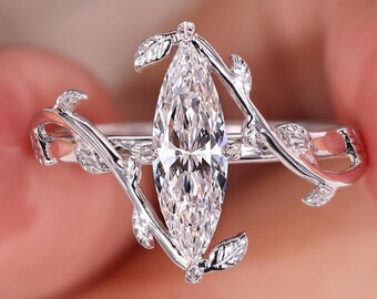 Länglicher Diamantring im Marquise-Schliff, von der Natur inspirierter Feen-Verlobungsring, antiker Ring mit 1 ct Labor-Diamant, fantasievoller Ehering für Damen