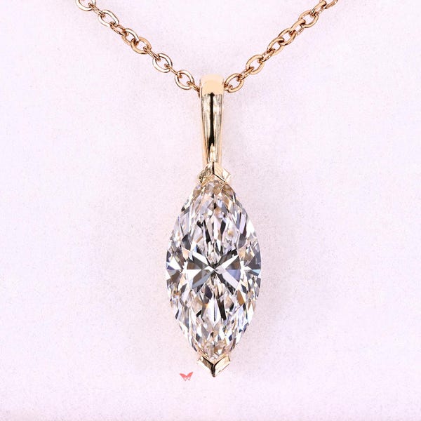 Marquise Cut Lab Grown Diamond Pendant V Shaped Prong, 0.8 to 3 CT Solitaire Diamond Pendant, Single Bail, Wedding/Anniversary/Birthday Gift