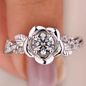 Nature Inspired Wedding Ring, Round Cut Lab Grown Diamond Ring, Art Nouveau Engagement Ring, Twisted Leaf Shank, Floral Promise Ring, Gifts
