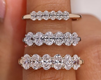 Six Stone Oval Cut Diamond Ring, Lab Grown Diamond Wedding Band, Shared Prong, Promise Ring for Her, Vintage Style Anniversary Ring for Wife