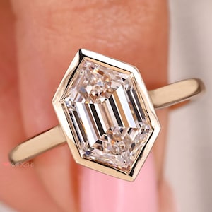 Hexagon Cut Lab Grown Diamond Ring Bezel Set, Solitaire Engagement Ring Solid Gold, IGI Certificate, Antique Diamond Wedding Ring, Gifts