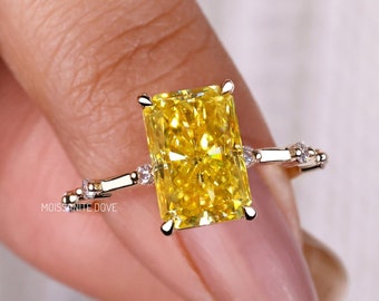 2.80 CT Radiant cut Canary Yellow Moissanite Diamond Engagement Ring, Distance Pave Rings for Women, Anniversary Gift, Promise Rings for Her