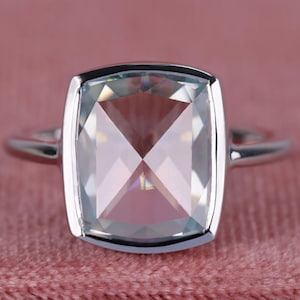 4ct Light Blue Moissanite Bezel Ring, Cushion Rose Cut Moissanite Engagement Ring, Portrait Moissanite Ring For Women, Customize Jewelry