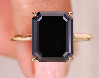 5 CT Emerald Cut Black Moissanite Ring, Handmade Hidden Halo Ring