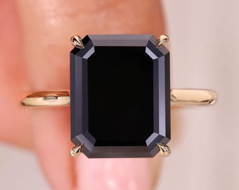 5 CT Emerald Cut Black Moissanite Ring, Handmade Hidden Halo Ring