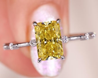 1.80 CT Radiant Cut Canary Yellow Moissanite Engagement Ring, Distance Pave Ring, Side Stone Round Cut, Anniversary Gift Ring, Ring For Her