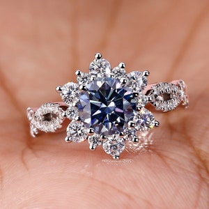Dark Blue Moissanite Engagement Ring 2.10 CTW Round Brilliant cut Moissanite Ring Customize Rings 14k White Gold Anniversary Ring for Her