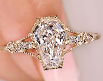IGI Certified Coffin Cut Lab Grown Diamond Ring: Art Deco Engagement Ring Yellow Gold, Antique Shaped Lab Created Diamond Wedding Ring