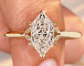 Dutch Marquise Engagement Ring Leaf Details, Solitaire Lab Grown Diamond Proposal Ring, Split Shank Nature Inspired Design, Secure V Prongs