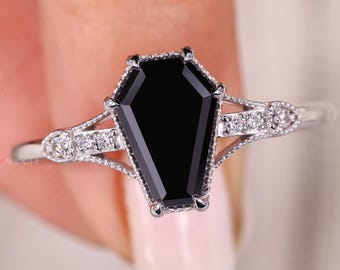 Art Deco Coffin Ring Black Moissanite Engagement Ring, 1.70ct Antique Moissanite Ring, Gifts For Women, Coffin Shaped Gothic Jewelry for Her