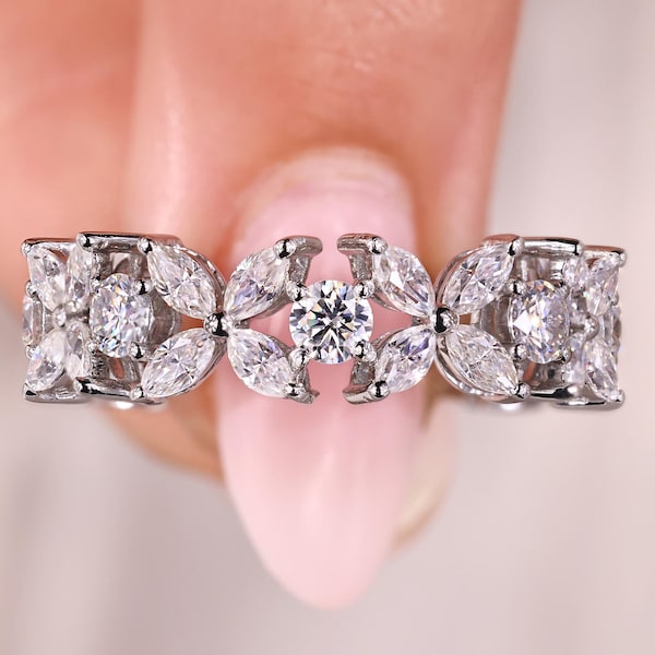 Moissanite Floral Eternity Band: Vintage Marquise Wedding Ring